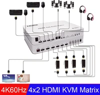 4x2 hdmi kvm matrix audio video converter switch splitter 4 input 2 out display 4k 60hz usb wired keyboard mouse control 4 pcs