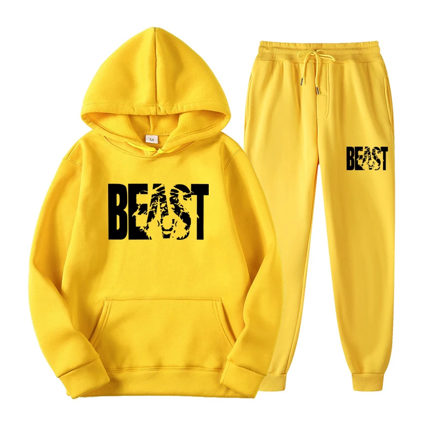 

Men Autumn Spring Warm Fleece Tracksuit Male Casual Ten Colors Printed Hoodie Pant Set Gym Fitness Fashion Home Sports Suit