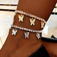new fashion gold silver color rhinestone tennis anklet jewelry for women crystal butterfly pendant anklet beach foot chain