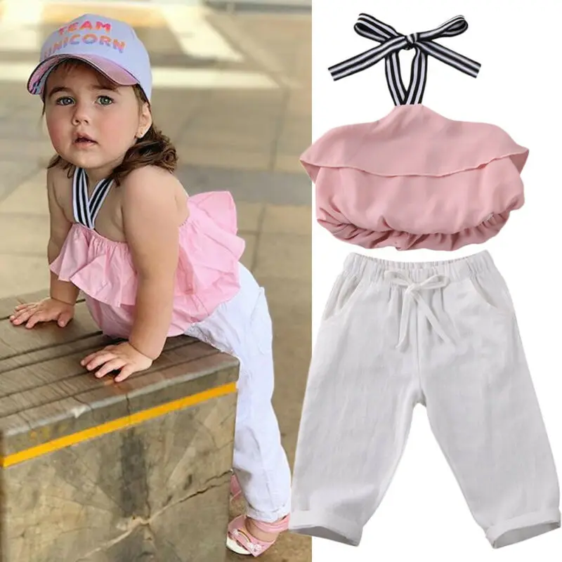 1-6T Toddler Kid Baby Girls Clothes set Off Shoulder Chiffon Crop Top Long Pants suit Summer Cute Sweet Beach Outfits