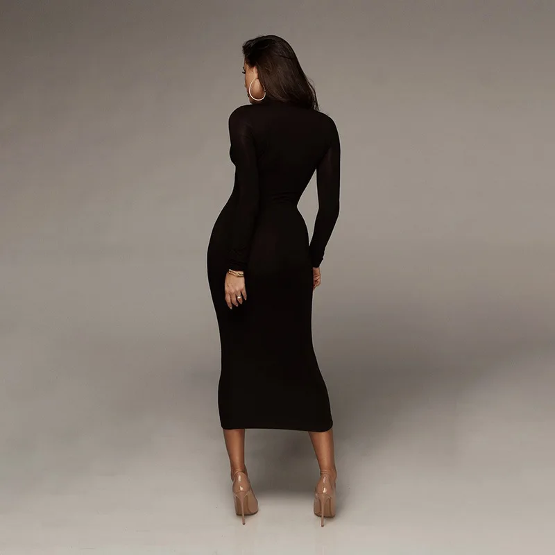 Женское облегающее платье-миди с длинным рукавом и высоким воротником | Женская
