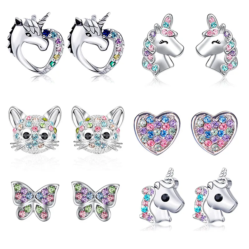 

MIQIAO Silver Plated Cute Animal Cat Unicorn Rainbow Butterfly Stud Piercing Earrings for Women Children Friends Gift Jewelry