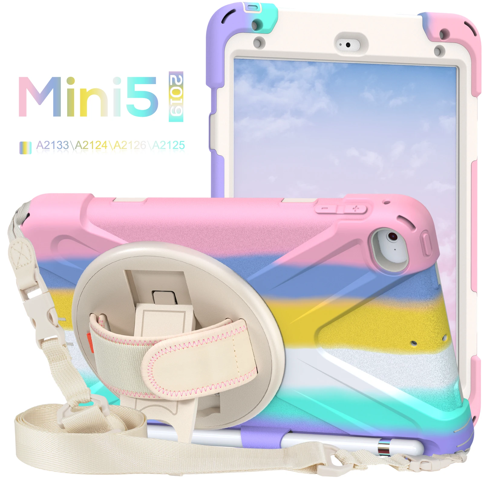 

Радужный чехол для планшета ipad Mini 5, трехслойный гибридный жесткий пластиковый чехол, детский чехол для ipad 7,9 дюйма с карманом для ручки, защи...