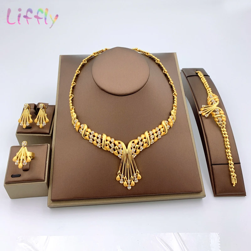 

Classic African Jewelry Sets Crystal Necklace Bracelet Elegant Bride Fashion Wedding Earrings Leaf Shape Ring Fashion Jewelry