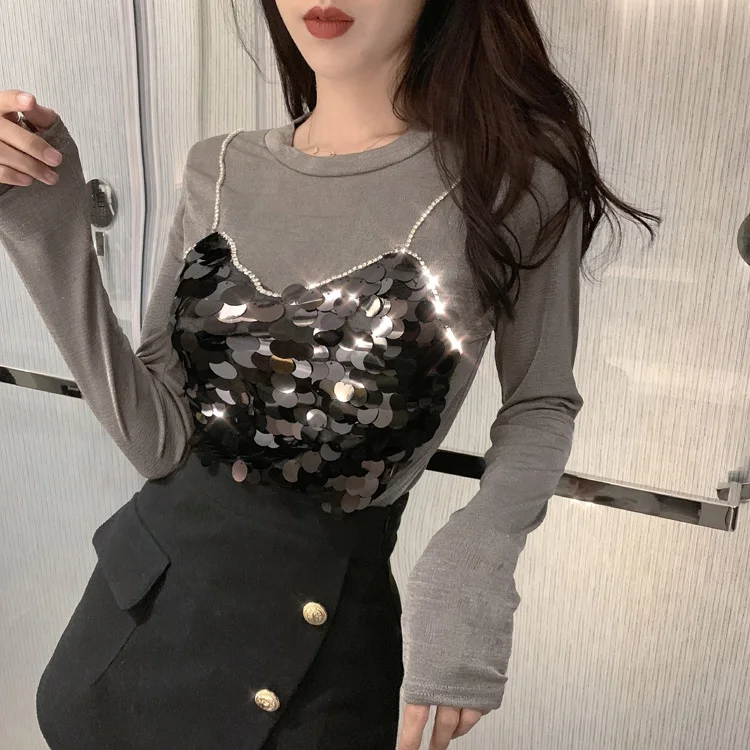 Женские футболки с блестками в стиле пэчворк облегающие блестящие пуловеры