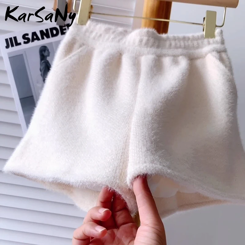 Mink Fur Shorts Women Winter Wide Leg Casual Warm Short Pants Elastic Waist Woman Clothing Black For | Женская одежда