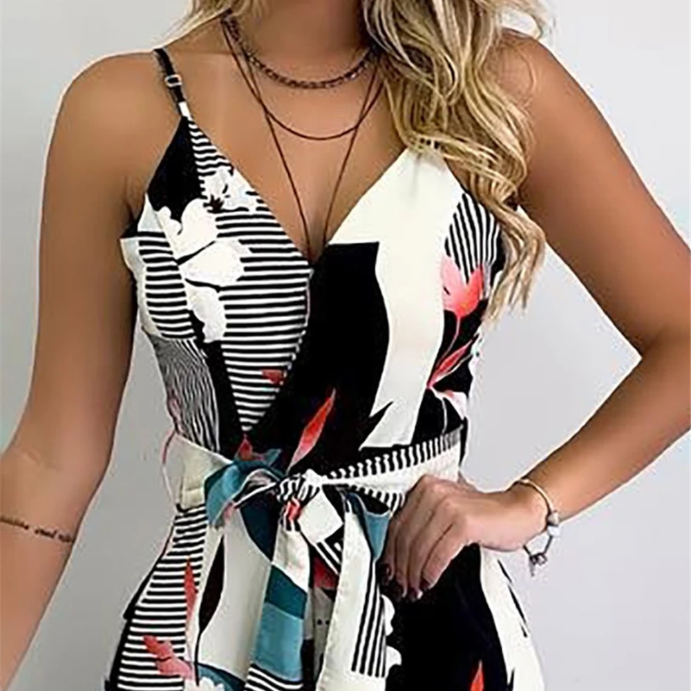 

Women Sleeveless Fahion Print Jumpsuits Backless Elegant Office Lady Casual Summer Strap Sexy V Neck Belt Wide Leg Romper D30