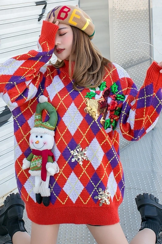 Тайская уличная мода Женский Рождественский свитер ретро красный свободный