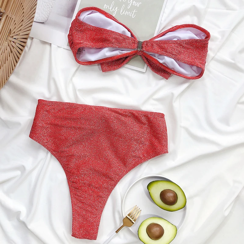 

New Pink Bikini 2020 Sexy High Waist Swimsuit Female Shiny Bandeau Biquini Micro Swimwear Women Bathing Suit Two Piece Set