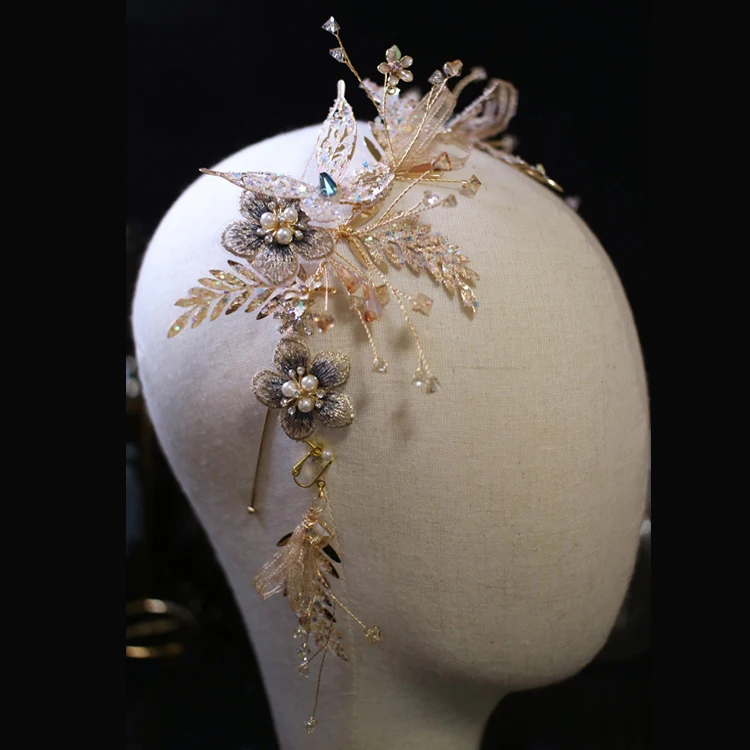 

NiuShuya Exquisite Bridal Butterfly Headdress Champagne Color Flower Wedding Dress Bridal Hair accessories