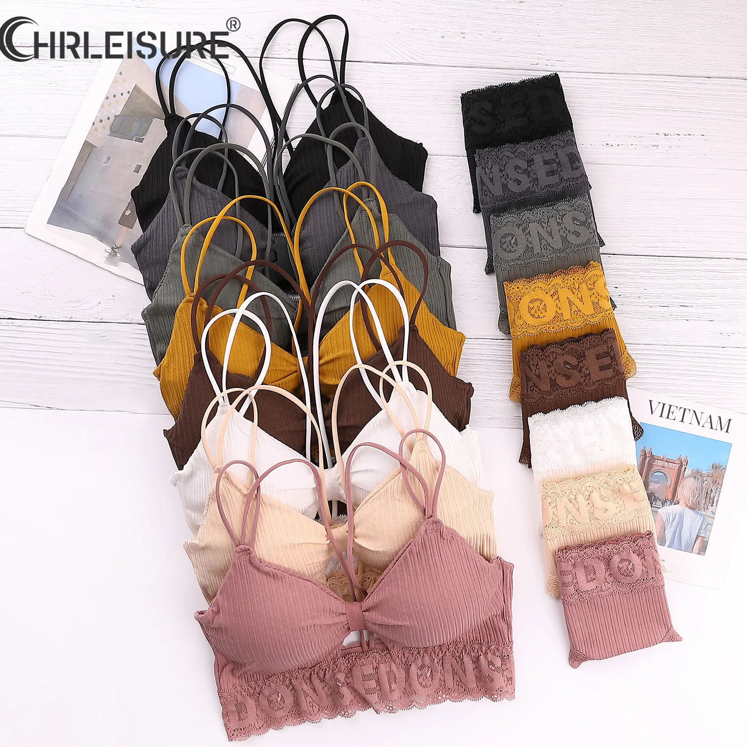 

Женский кружевной комплект CHRLEISURESexy, 2 шт., бесшовный, с буквенным принтом, тонкий, с перекрещивающимися бретелями, топ с V-образным вырезом, пу...