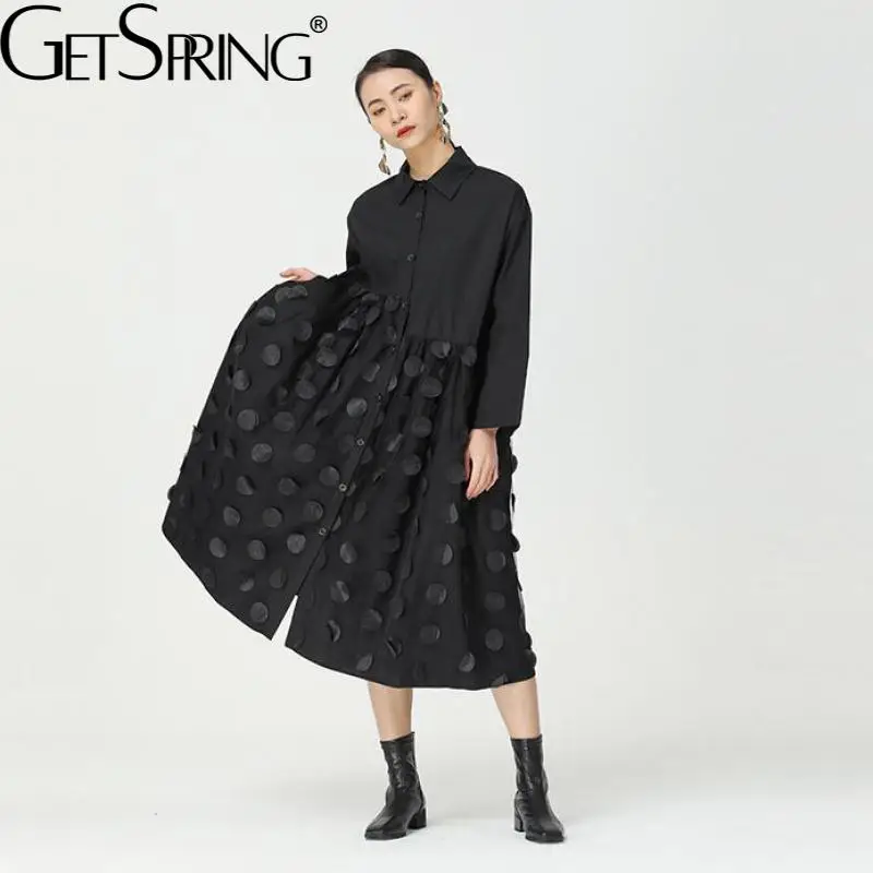 

Getspring Women Dress Mesh Patchwork Long Sleeve Shirt Dresses Black White Loose Casual Long Spring And Autumn Dresses 2021 New