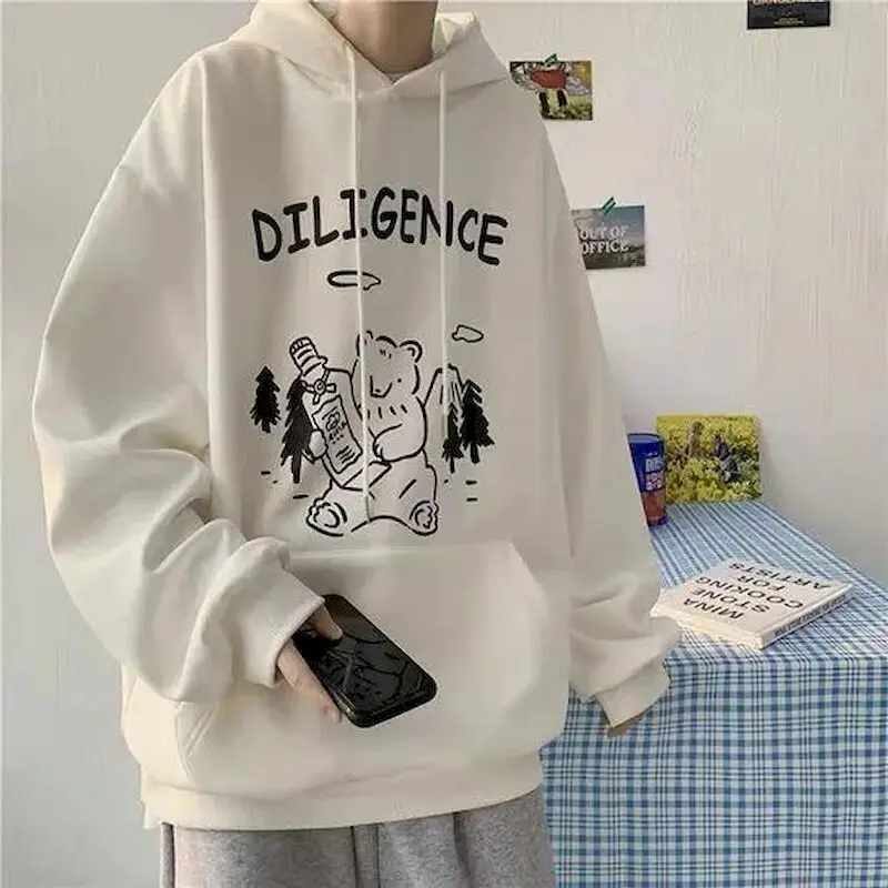

Fonekie 100%cotton Mens Hoodies Loose Korean Cartoon Print Thin and Thicken Hooded Pullover Fall Winter New Student Anime Hoodie
