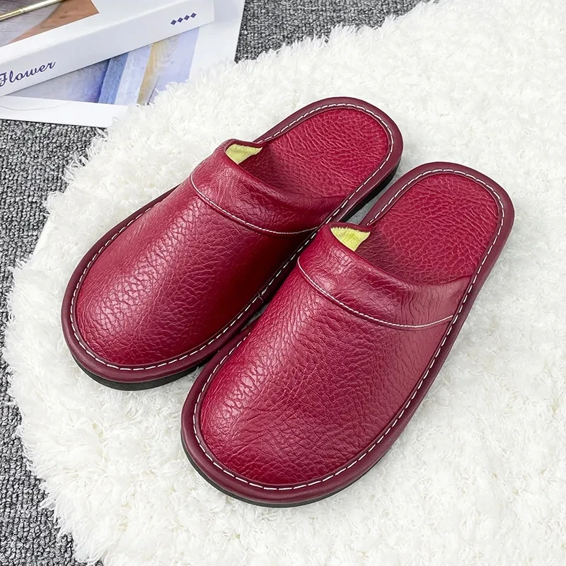 

Plus Size 47 48 Women Indoor Leather Slippers Casual Home Comfy Footwear Unisex Female Solid Winter Plush Slippers Autumn Slides