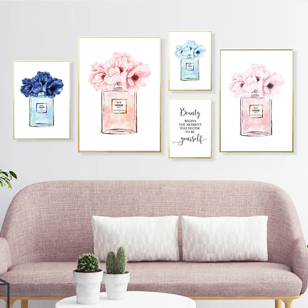 

Nordic Modern Fashion Perfume Bottle Art Flower Canvas Painting Poster Beauty Print Wall Picture Frame Living Room Decoration