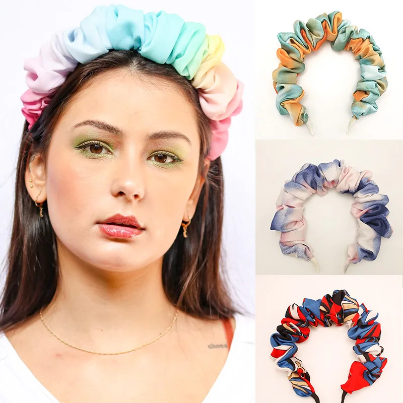 

Fashion Vintage Print Tie Dye Scrunchy Headband For Women Pleated Hair Hoop Ladies Headawear Female Hairband Hair Accessories