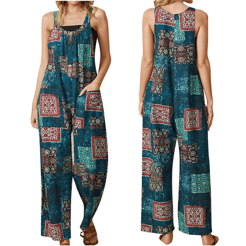 

Hirigin Women Vintage Summer Baggy Retro Jumpsuit Printed Loose Casual Sleeveless Overall Long Romper Playsuit Trousers Pants