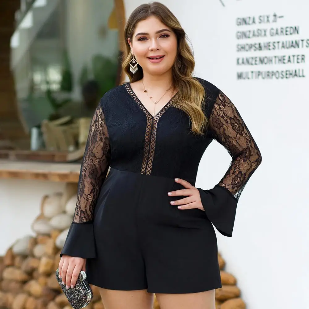 Женский кружевной комбинезон WHZHM черный сетчатый с v образным вырезом и открытой