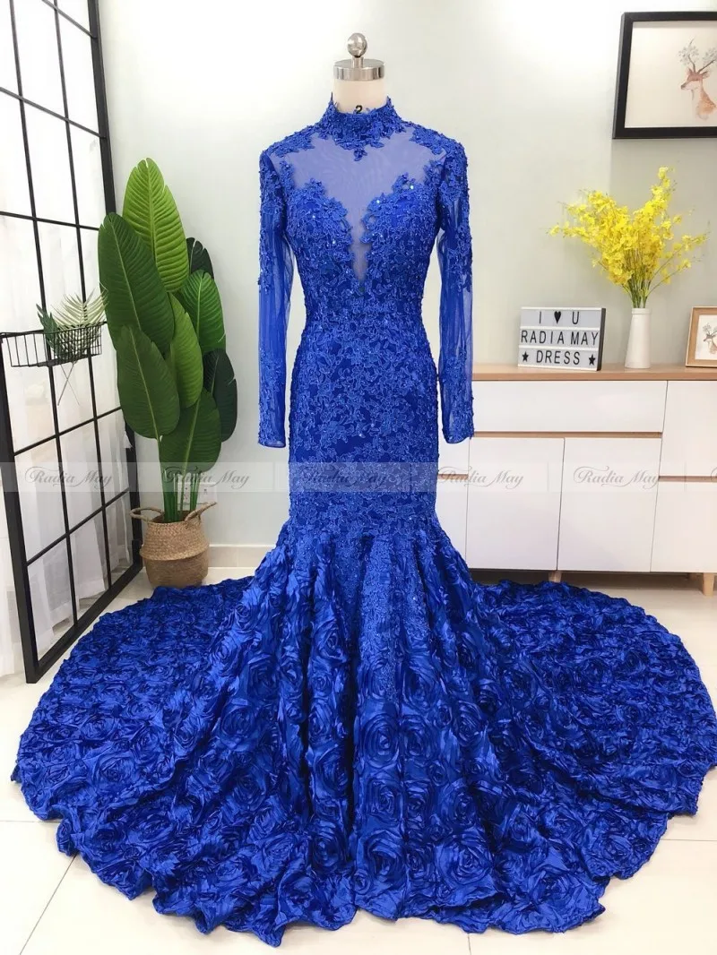 Королевский синий 3D Цветочные Русалка платья для выпускного вечера черные девушки высокой шеи с длинным рукавом африканского размера плюс вечернее торжественное платье суд Поезд