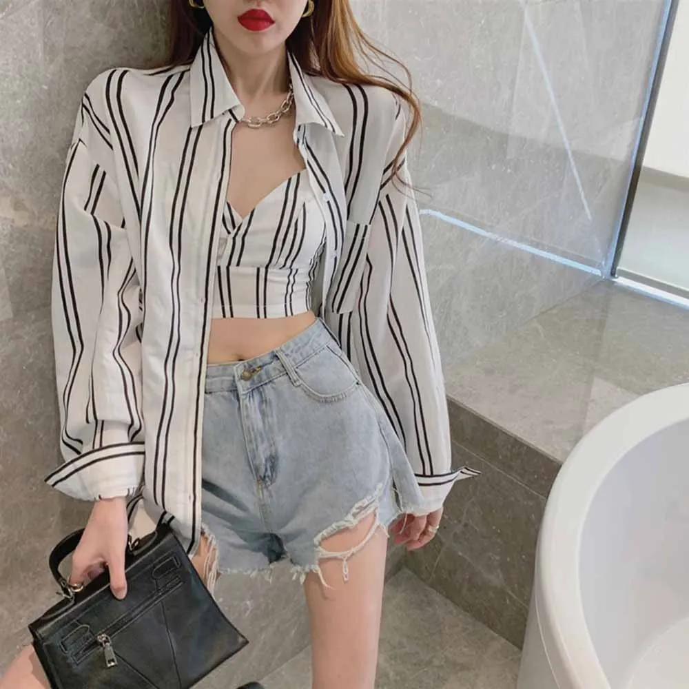 

Spring New Loose Turn Down Collar Striped Blouse Women Tops Sun Protection Shirt Camisole 2piece Sets Casual Wild Camisas Mujer