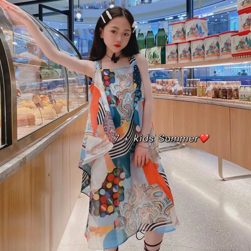 

Girls dress 2021 girls print round neck beach dress