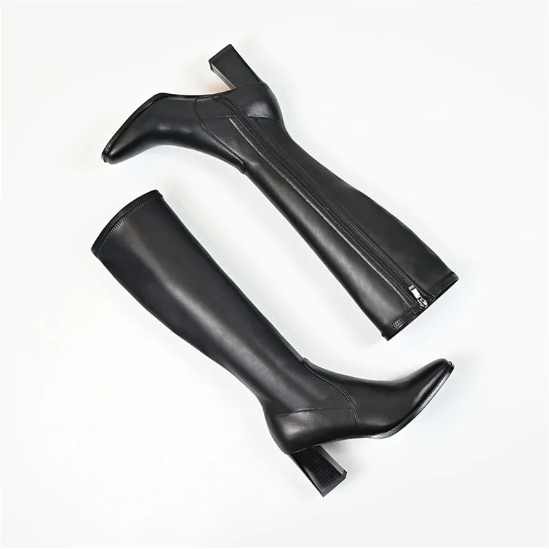 

Meotina Knee High Boots Women Shoes Real Leather High Heel Stretch Boots Square Toe Chunky Heel Zip Long Boots Lady Brown Gray