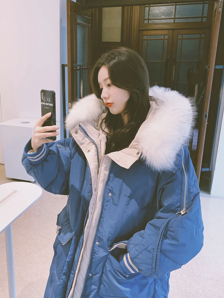 

2020 New Contrast Hooded Big Fur Collar Padded Jacket Women's Winter Length Thick Padded Jacket Chic Loose Jacket