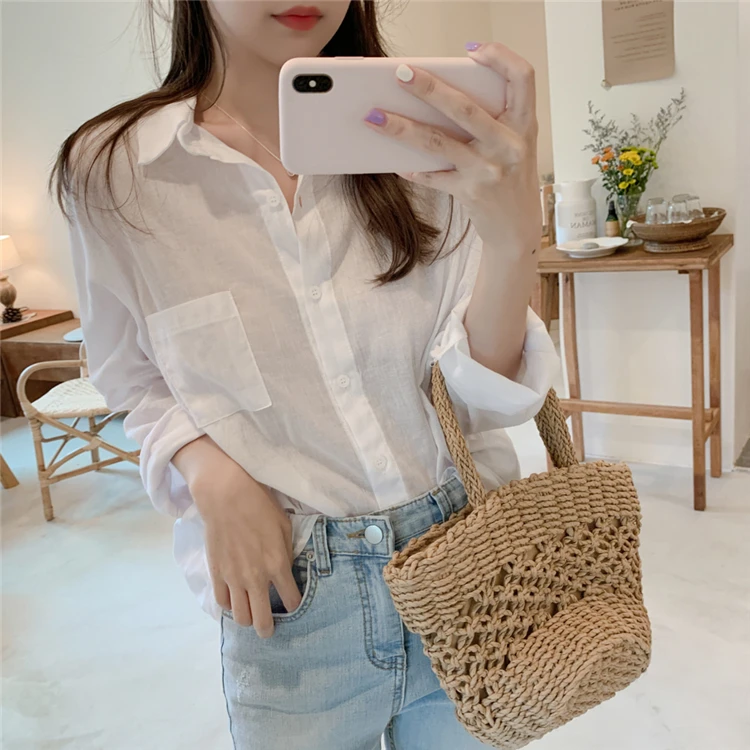 Блузка женская однобортная с карманами Повседневная модная свободная