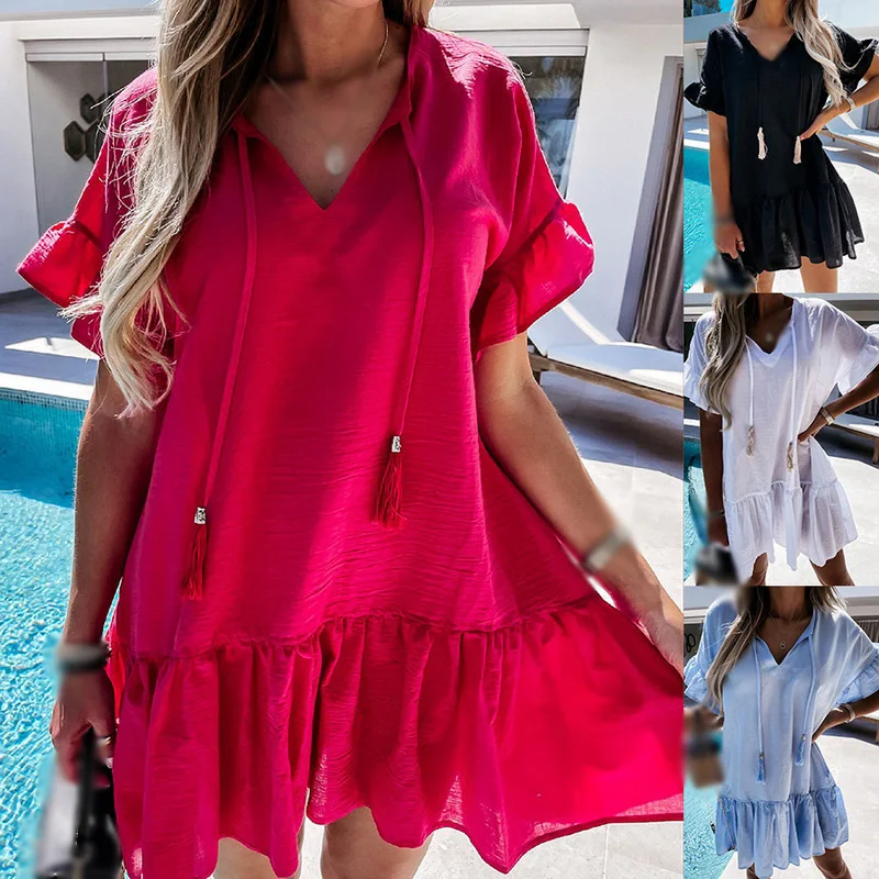

2021 Fashion Sexy V-Neck Tassel Party Dress Summer Casual Solid Women Loose Dress Elegant Short Sleeve Ruffle Mini Dress Vestido