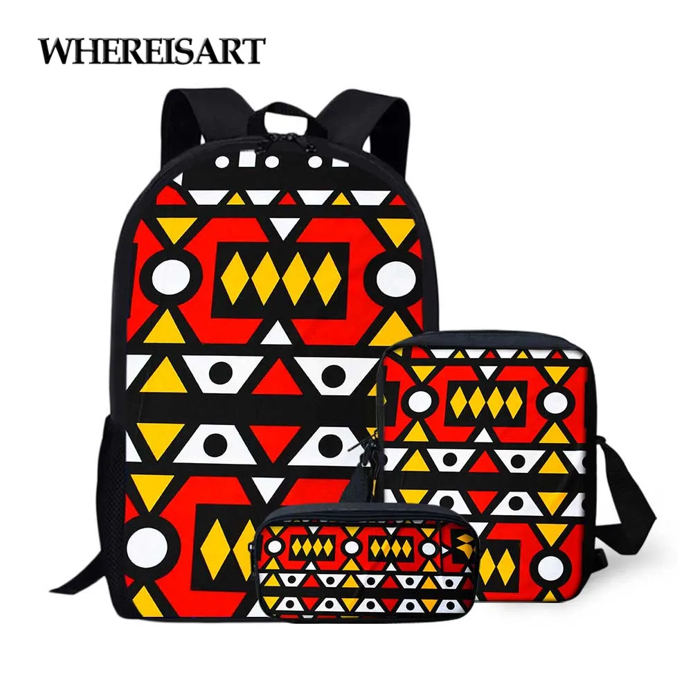 

WHEREISART African Ankara Print Kids School Bags Set 3PCS Children African Tribal Geometry Printing Girls Backpack Bookbags