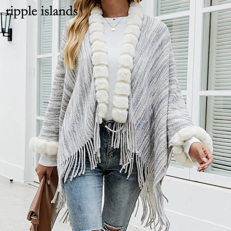 

Ripple Islands-Winter Coat For Women Winter Scarves Woman Fringed Cloak Shawl Sweater Women's Fur Collar Cardigan Jacket Warm