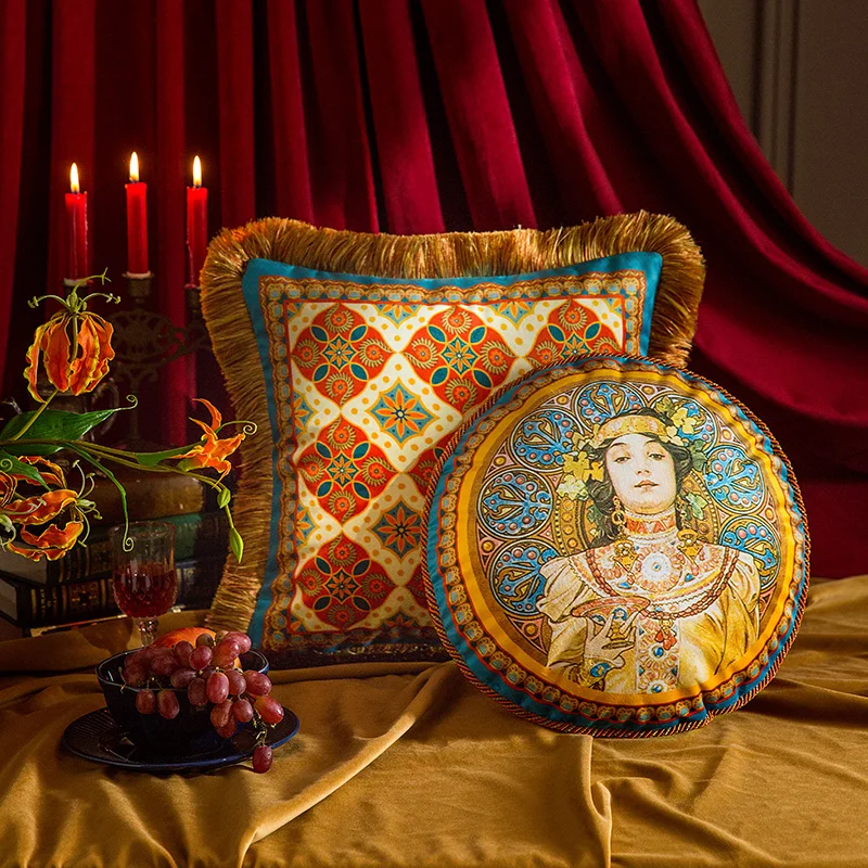 

Alphonse Mucha Art Cushion Cover Vintage Velvet Indoor Outdoor Decor Throw Pillow Cover Case with Zipper Soft Orange Luxury