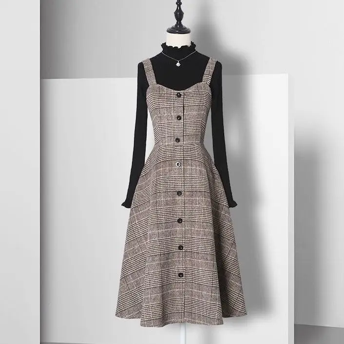 

Женский осенне-зимний ретро комплект из двух предметов 2021, Женские приталенные топы с воротником-стойкой, Женское шерстяное клетчатое плат...