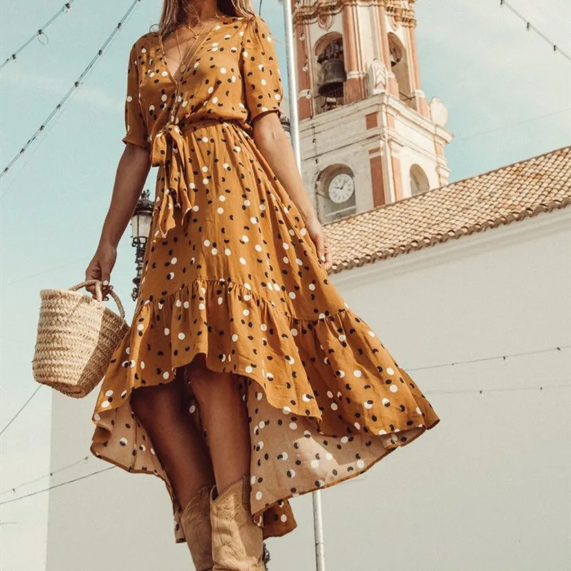 

Casual Fashion Vintage Women Dot Long Dress 2020 Summer V-neck Ruffles Irregular Slim Dress