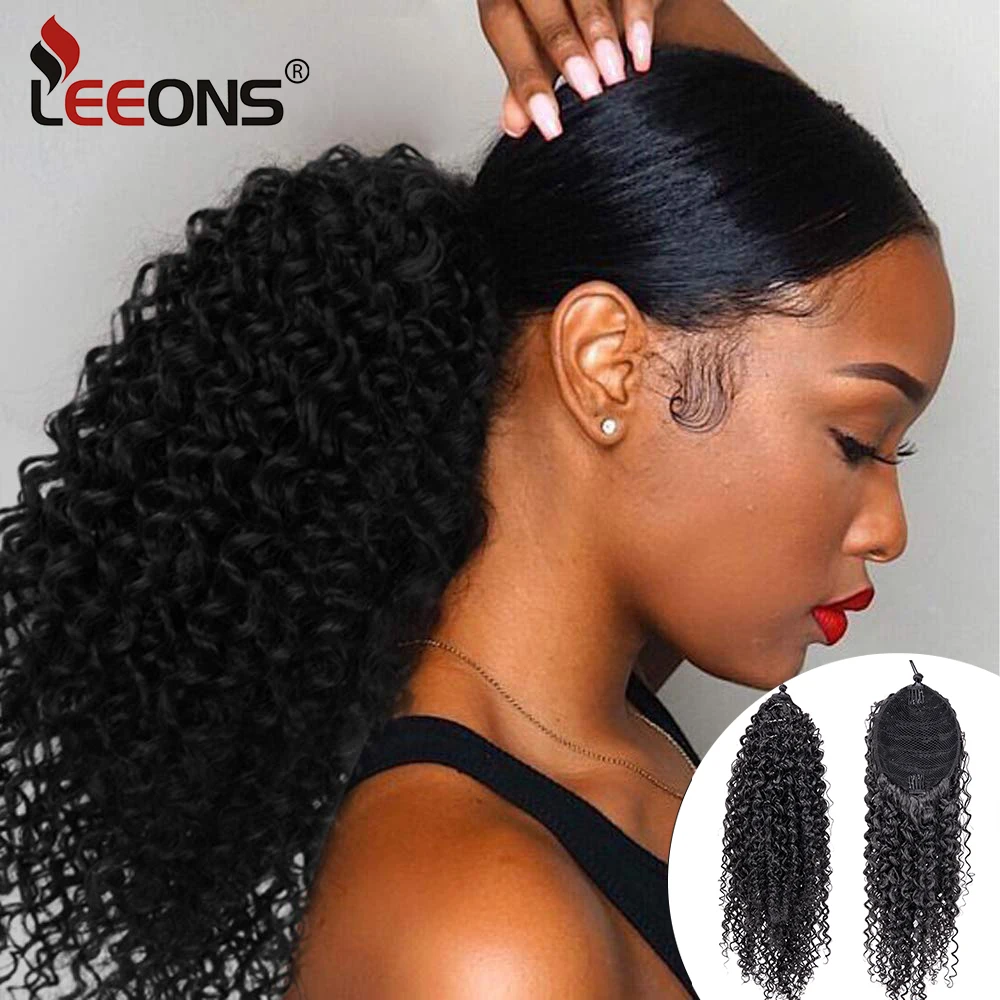 

Leeons 13Inch Afro Kinky Curly Ponytail African American Short Wrap Synthetic Drawstring Puff Pony Tail Clip In Hair Extensions