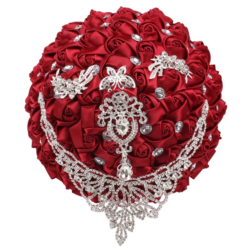 

21cm Bridal Brooch Bouquet American Popular Wine Red Series Bride Bridesmaid Holding Bouquets Of Rhinestones And Silk Roses B05