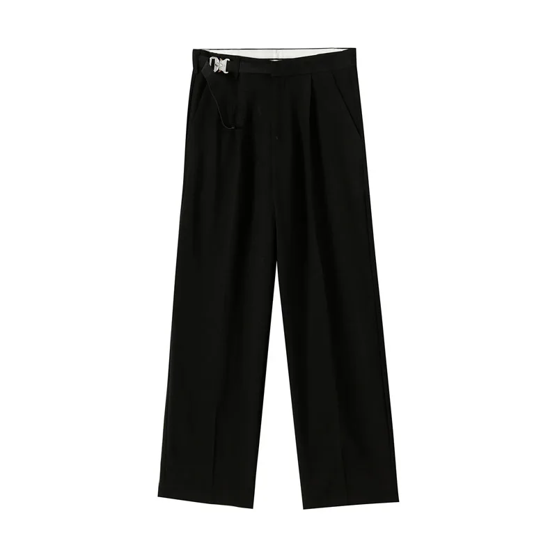 

Belt Buckle Casual Straight Suit Pant for Male Japan Korea Style Streetwear Vintage Fashion Long Trousers Men