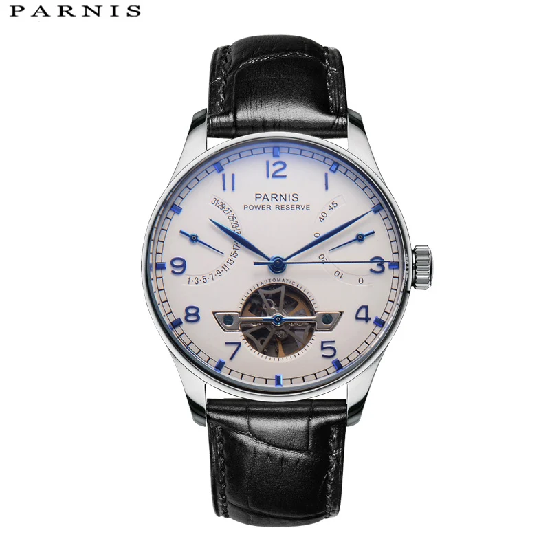 

Parnis 43mm White Dial Skeleton Automatic Men's Watch PVD Case Men Power Reserve Tourbillon Mechanical Watches Man Clock 2022