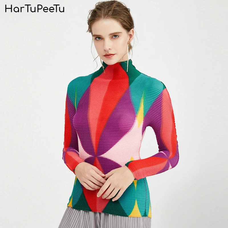 

Женская Радужная футболка с геометрическим принтом, эластичная плиссированная футболка разных цветов, весна-лето 2020