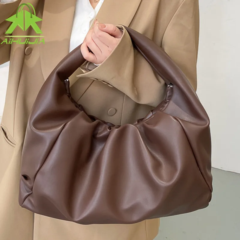

Solid Color Pleated Women Tote Bag 2021 Fashion New High-quality Pu Leather Shoulder Bags Luxurious Women's Designer Handbag