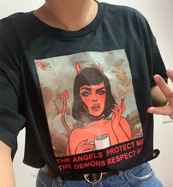 Ангелы защищают мне демоны уважать меня демон и надписью Chic Harajuku винтажный