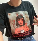 Ангелы защищают мне демоны уважать меня демон и надписью Chic Harajuku винтажный, готический, в стиле панк свободные топы Дамская мода футболка