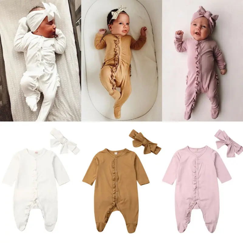 

2020 Fashion Newborn Baby Boy Girl Autumn Clothes Ruffle Romper +Headband Outfits Sets kids clothes wholesale Solid color