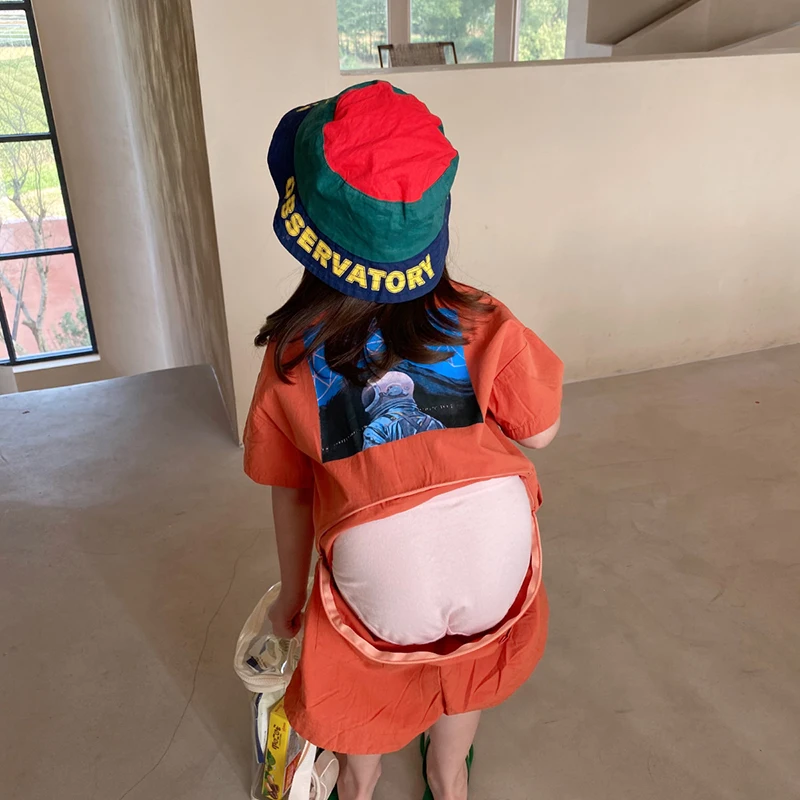 

Girls Fashion jumpsuits Korean Style Toddler Summer Back Cartoon Print Pants Children Single Breasted Bodysuits