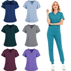 Рабочая одежда для женщин, эластичные скрабы, брюки, оптовая продажа, Рабочая Униформа для женщин, топы с коротким рукавом на шею, стоматологические скрабы для больниц, костюмы