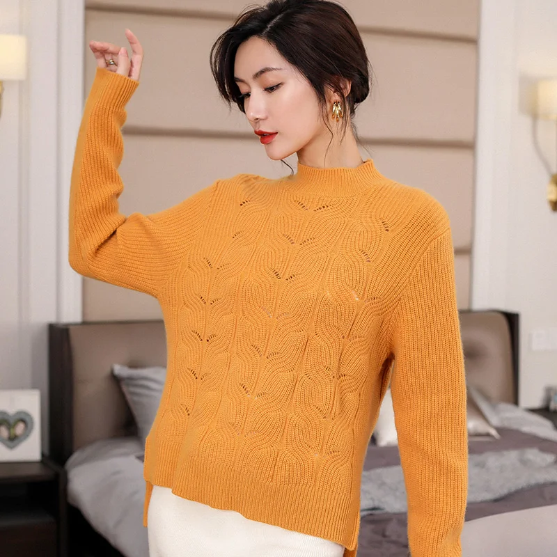 Женский свободный кашемировый свитер с полувысоким воротником вечерние