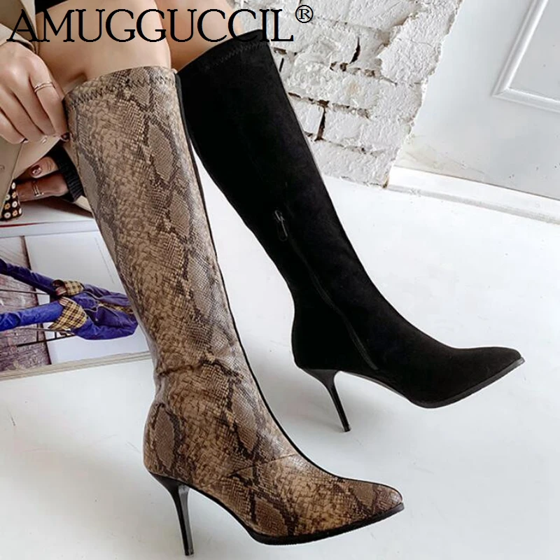

2021 New Plus Big Size 32-48 Red Yellow Snake Zip Fashion Sexy Knee High Heel Autumn Winter Lady Female Women Boots X1899