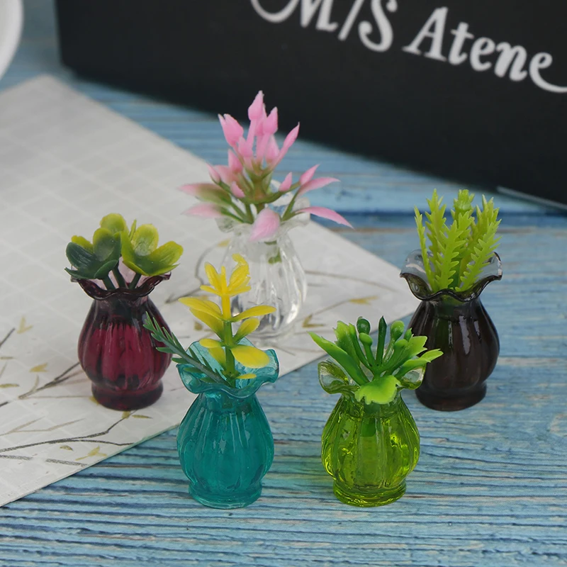 

5pcs Dollhouse Miniatures DIY Handmade Doll House Kitchen Ceramic Decora vase+flower 1:12 Colorful Mini Ceramic Pot
