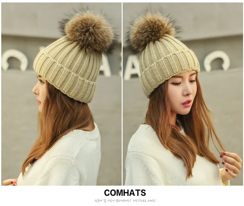 

Winter Hat Women Knitted Beanie Hat Real Raccoon Fur Pompom Hat for Female Kids Warm Chunky Thick Stretchy Hat