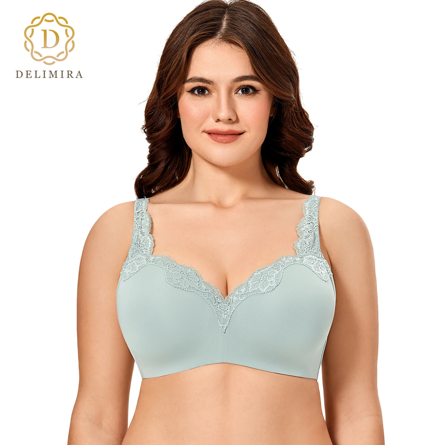 

DELIMIRA Women's Smooth Full Coverage Lightly Padded Underwire No Show Supportive Lace T-shirt Bra Plus Size